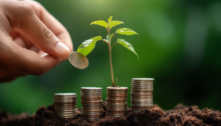 Investment and save money for prepare the future concept by plant growing out of coinsの素材