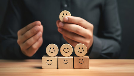 Wooden blocks with smiley faces, human resources and management conceptの素材