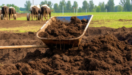 Wheelbarrow with soil on the background of plowed field.の素材