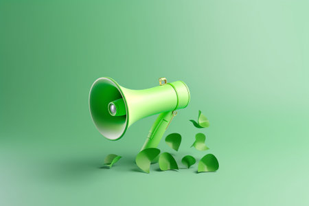 Green megaphone on a green background. 3D illustration.の素材