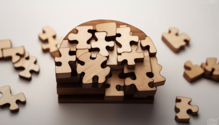 Wooden puzzle pieces on a white background. The concept of solving puzzles.の素材