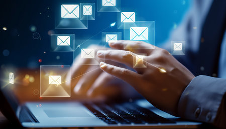 Close up of businesswoman hand using laptop with email icons on screenの素材