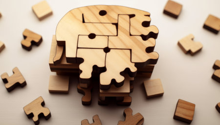Wooden puzzle pieces on a white background. Business and teamwork concept.の素材