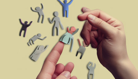 Conceptual image of human hands connecting paper people with their fingersの素材