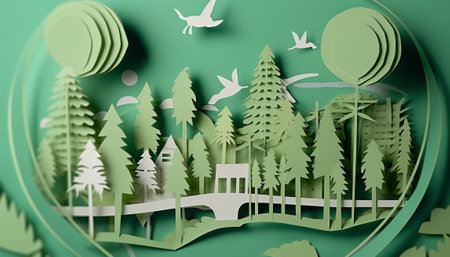 Paper cut of a green forest with trees and bridge. 3d renderingの素材