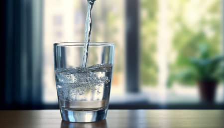 Pouring water into glass on wooden table at home, closeupの素材
