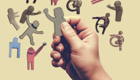 Human hand holding paper cut out human icon. Social media concept.の素材