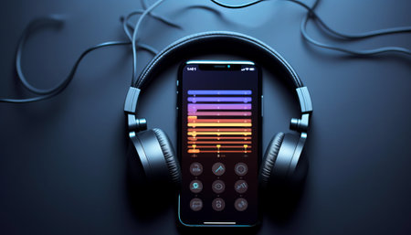 Smartphone with headphones on dark background. 3d illustration. Music conceptの素材