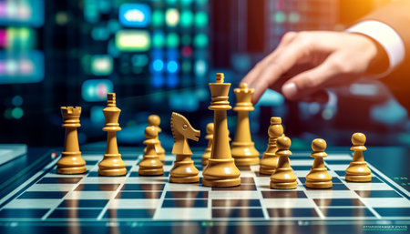 Close up of businessman playing chess game. Concept of business strategy and competition.の素材