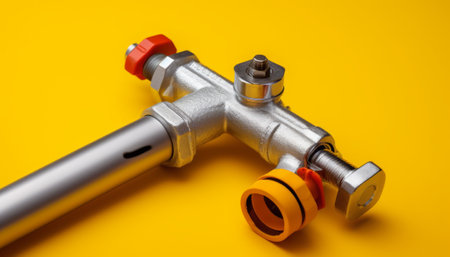 Plumbing fittings and valve on a yellow background, close-upの素材