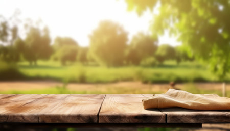 Wooden table with tablecloth over blurred nature background, product display montageの素材