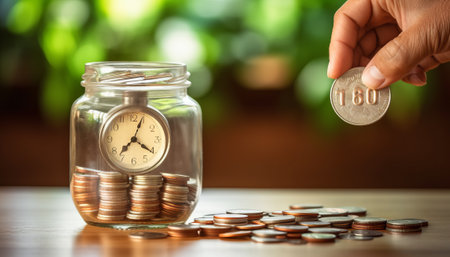 Hand putting coin into glass jar for save money for prepare in the future.の素材
