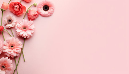 Flowers composition. Frame made of pink gerbera flowers on pastel pink background. Flat lay, top view, copy spaceの素材