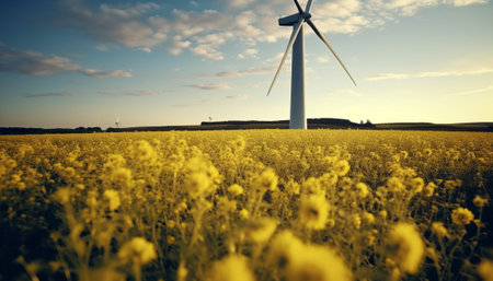 Wind turbines in a field of yellow flowers. Renewable energy.の素材