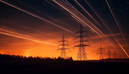 Power lines at sunset. High-voltage tower sky background.の素材