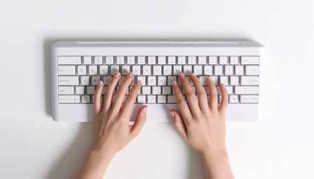 Top view of female hands typing on a laptop keyboard on white backgroundの素材