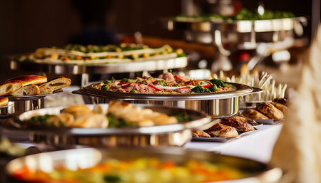 catering wedding buffet for events in restaurant with meat and vegetablesの素材