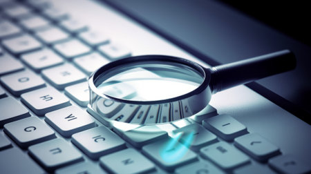 Magnifying glass on the keyboard of a laptop. Toned.の素材