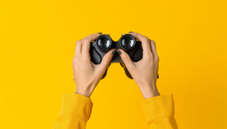 Female hands with binoculars on yellow background, closeup. Space for textの素材