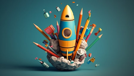 Rocket and school supplies in the shape of a sphere. 3D renderingの素材