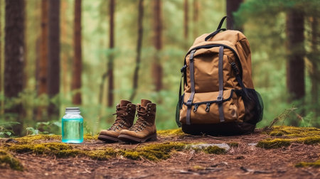 Hiking equipment: backpack, trekking shoes, bottle of water in the forestの素材