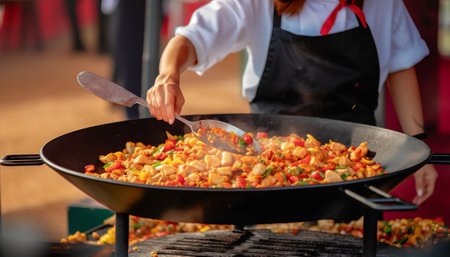 Chef preparing food at the street food festival, closeup of handsの素材