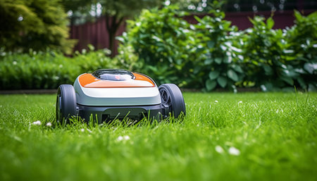 Close up view of a modern lawn mower in the garden.の素材