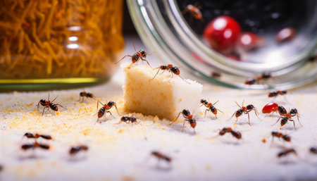 Ants on a piece of bread and a jar of honey.の素材