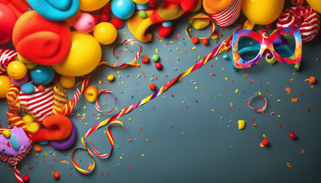 Colorful carnival background with balloons, streamers and confettiの素材