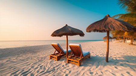 Sun loungers on the beach at sunset. Vacation conceptの素材