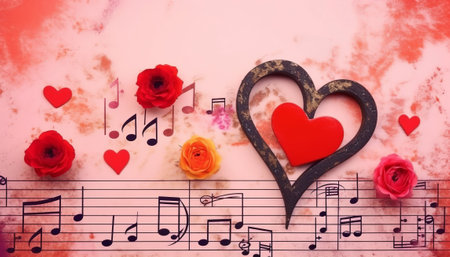 Valentines day background with hearts, music notes and roses.の素材