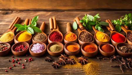 Spices and herbs in wooden spoons. Food and cuisine ingredients.の素材