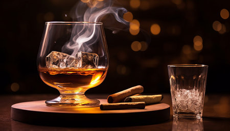 Glass of whiskey with ice cubes and cigar on wooden board on dark backgroundの素材