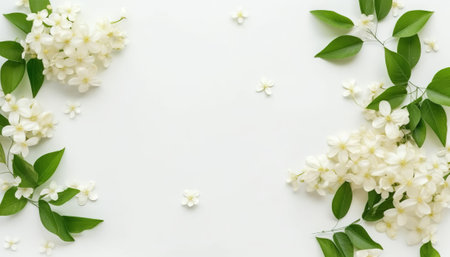 White jasmine flowers on white background. Flat lay, top viewの素材