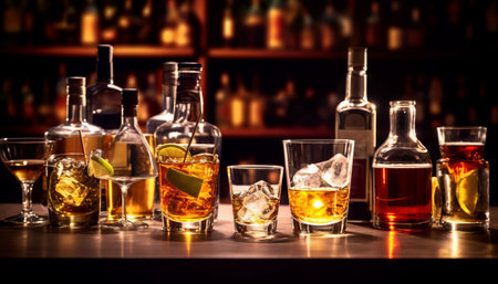 Whiskey with ice and lime on the background of bottles.の素材