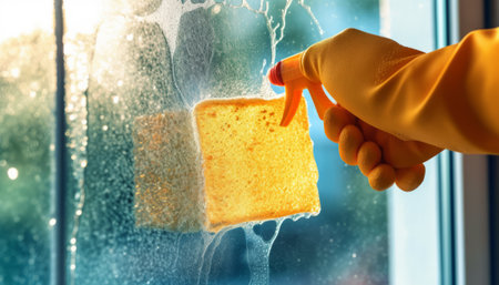 Hand in yellow glove with sponge cleaning window pane with detergent.の素材