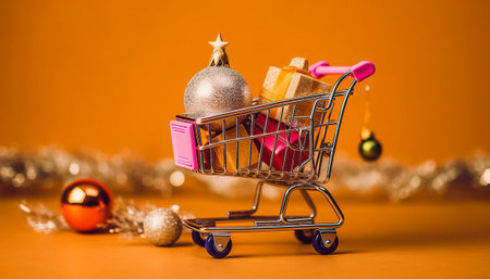 Shopping cart with Christmas gifts and ornaments on orange backgroundの素材