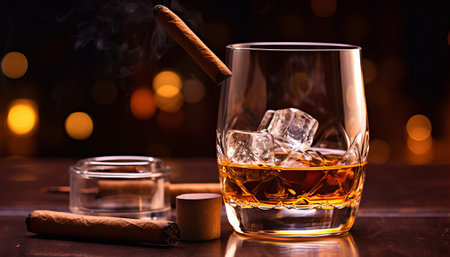 Glass of whiskey with ice cubes and cigar on dark background. Selective focusの素材
