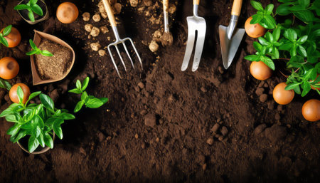 Gardening tools and seedlings on soil background. Gardening conceptの素材