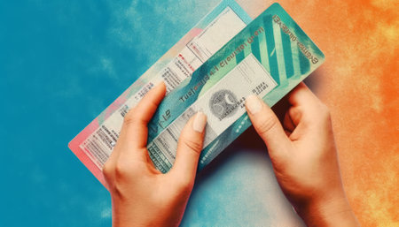 Hands holding boarding pass ticket on blue background. Travel concept.の素材