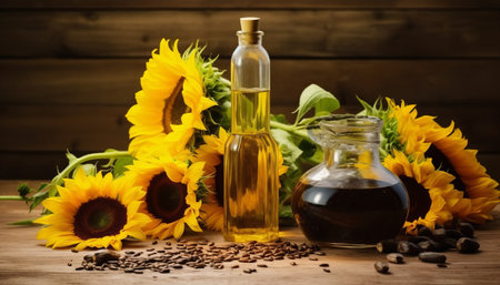 Sunflower oil, sunflower seeds and coffee beans on wooden backgroundの素材