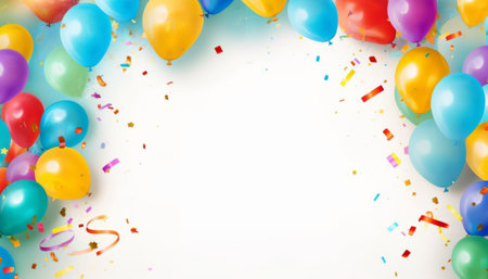 Celebration background with colorful balloons and confetti. Vector illustration.の素材