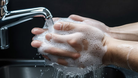 Washing hands with soap under the faucet. Hygiene conceptの素材