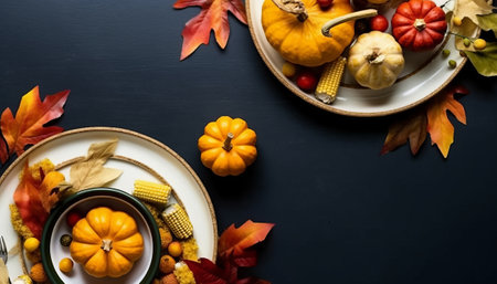 Thanksgiving table setting with pumpkins, corn and autumn leaves on black backgroundの素材