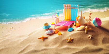 Summer beach background with toys on sand. Vacation and travel conceptの素材