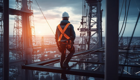 Engineer or construction worker in safety helmet and orange reflective vest standing on the roof of high-rise building.の素材