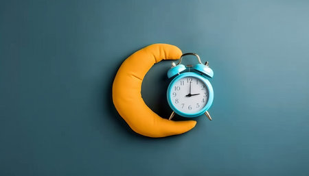 Alarm clock and pillow on color background. Time to sleep conceptの素材