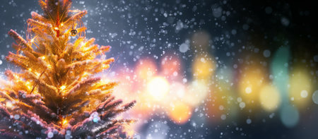 Christmas tree on blurred background with snowflakes and bokehの素材