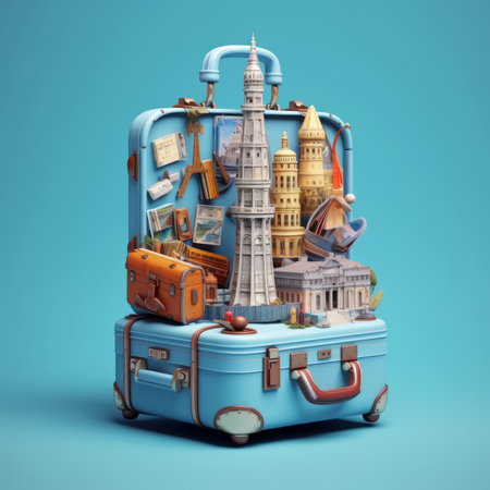 Traveling around the world concept with a suitcase full of famous monuments 3d render on blue background with shadowの素材