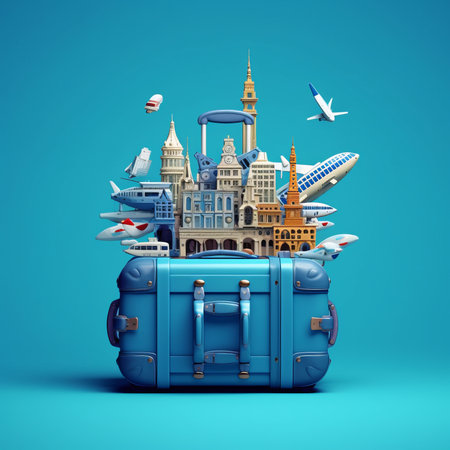 Traveling around the world concept with famous landmarks and luggage 3d render on blue background with shadowの素材